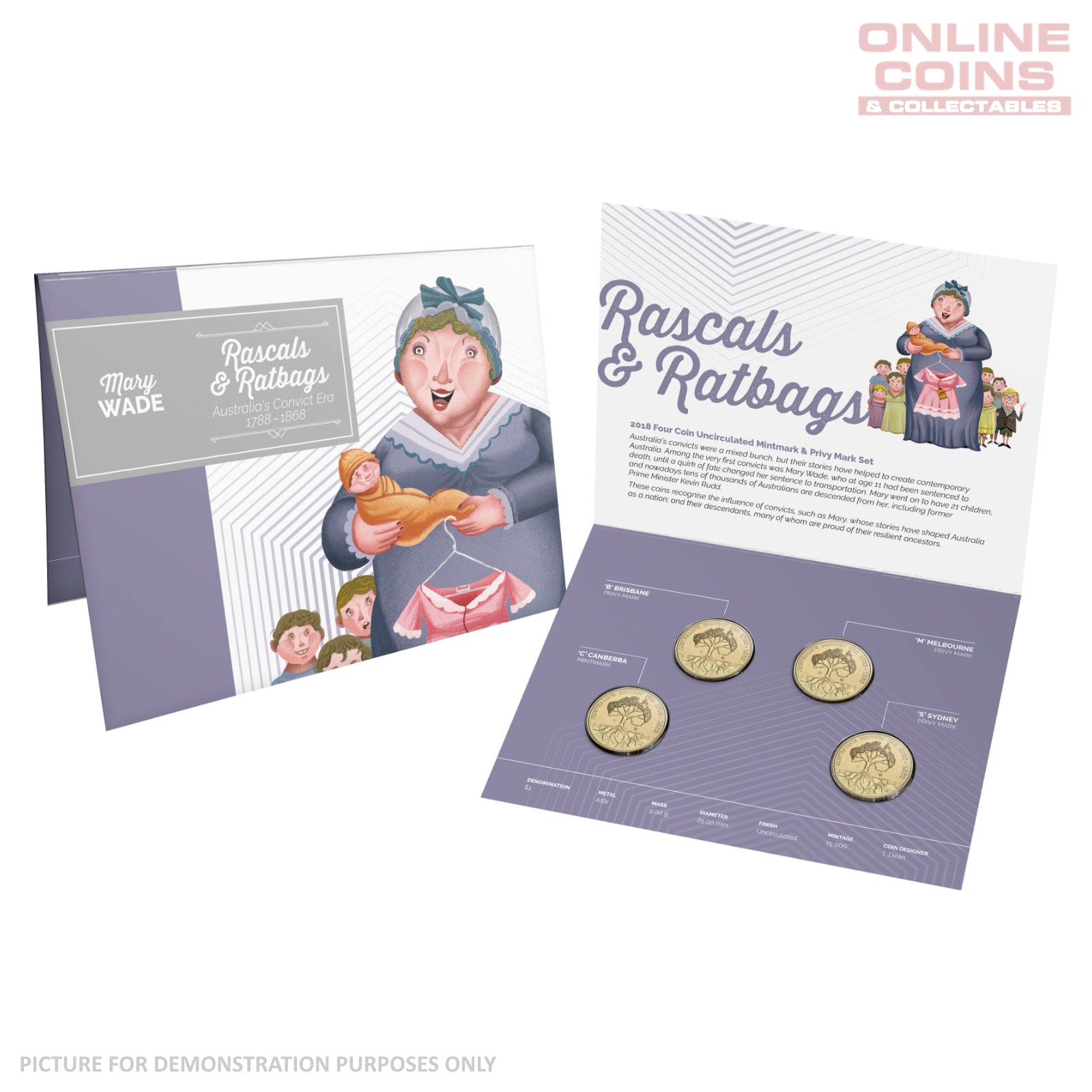 2018 $1 AlBr Four Coin Mintmark and Privy Mark Set - Australia's Convict Era - Rascals and Ratbags